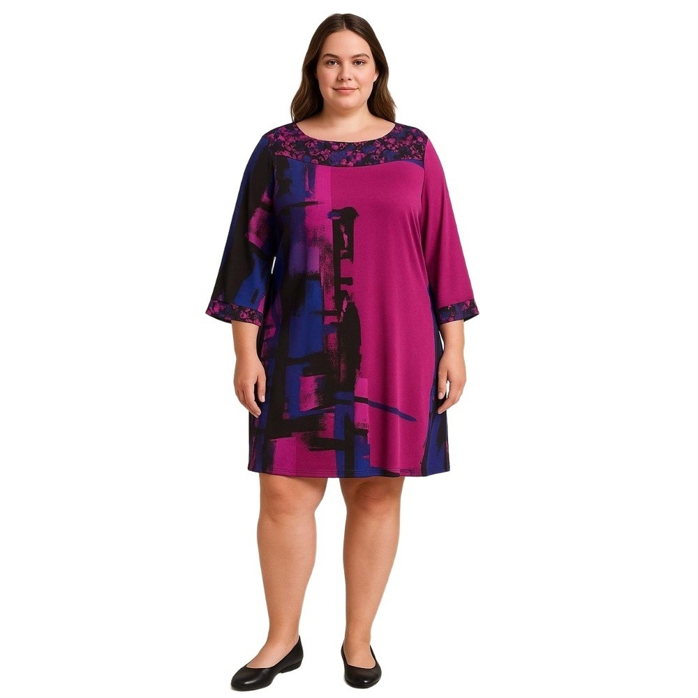 ALFANI Women's Dress XL Purple Pink Abstract Print 3/4 Sleeve Tunic Style